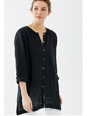 NWT J. Jill Pure Jill Linen and Cotton Crinkled Navy Button Down Shirt XS Petite
